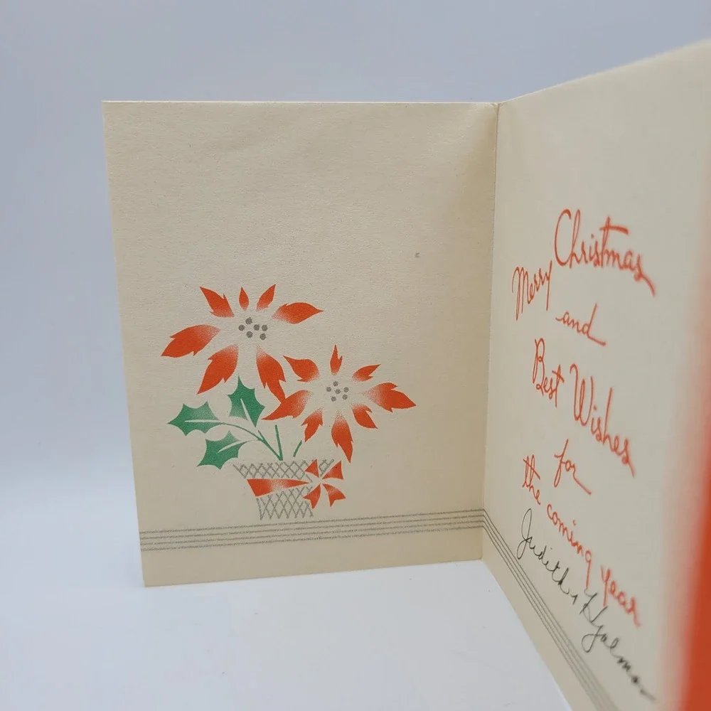 Vintage 1940s Seasons‎ Greetings Christmas Card Poinsettia Art Deco Signed